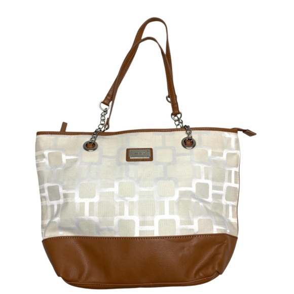 bag tote NINE WEST 10x16x4 canvas faux leather vegan shoulder straps - Picture 2 of 15